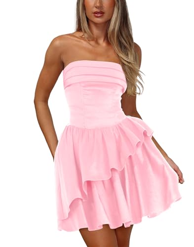 Image of HYPERFIRE Women's Strapless Tube Satin Mini Dress Tiered Layered A-Line Short Formal Dresses