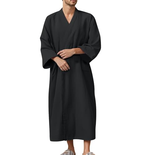 Men's Japanese Style Robe with Pocket Cotton Long Sleeve Solid Color Kimono Bathrobes Loose Comfortable Loungewear Pajamas