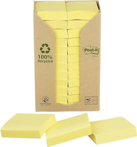Post-it Recycling Notes Kanariengelb, Packung mit 24 Blöcken, 100 Blatt pro Block, 38 mm x 51 mm, Farbe: Gelb - Selbstklebende Notizzettel aus 100% Recyclingpapier