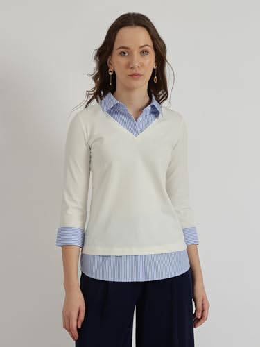 Image of FableStreet Women Shirt | Slim Fit V-Neck Layered Look with Striped Spread Collar & Three-Quarter Sleeves | Cotton Knit Jersey Fabric for Business Casual