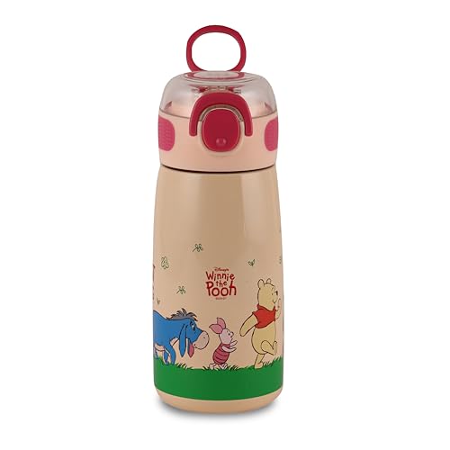 Image of Cello Kidzbee Flare 450 Insulated Stainless Steel Sipper Water Bottle 444 ml, Peach | Winnie Family Cartoon Design Hot & Cold Bottle | Vacuum Insulated Leakproof Easy to Carry Bottle for Kids