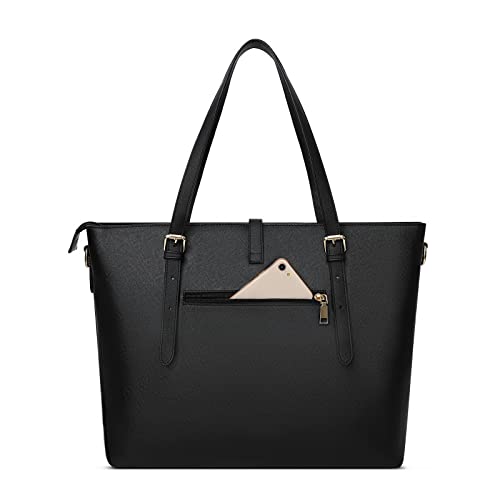 MOSISO Laptop Tote Bag Compatible with MacBook Pro 16 inch M4 M3 M2 M1 2025-2019, 15-15.6 inch PU Leather Briefcase with Middle Button & Small Purse&Shoulder Strap, Black4