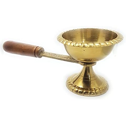 7.5x3 inches Dhoop Dani Brass Metal Dia Akhand Dia Pooja Puja Arti Saman Wooden Handle Laxmi Poojan Spiritual Purpose Diwali Statue Sculpture Aarti Arti Gift Health Wealth Prosperity & Happiness Cover