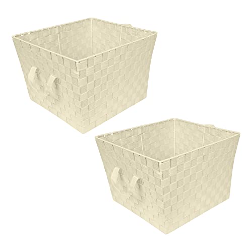 Image of Simplify Large Woven Strap Tote | Decorative Storage Basket | 2 Handles | Organization | Closet | Bedroom | Bathroom | Nursery | Accessories | Toys | Gifts | 2 Pack | Ivory