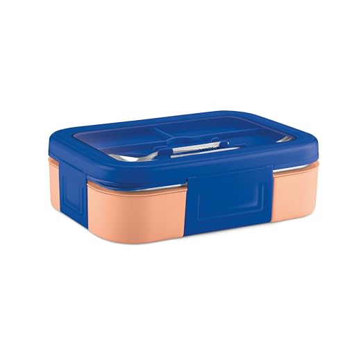 Image of Milton Ethan 2 Inner Stainless Steel Tiffin Box for School, 2 Partition, Steam Release Plug | PU Insulated, Leak-Proof, Food Grade I Lunch Box for Kids Boys, Girls with Snap Lock Lid,650 ml, Dark Blue