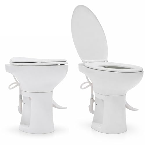 Image of SEAFLO Porcelain RV Toilet with Sprayer Attachment - Elongated Bowl 19 inch Inch Residential Height, Gravity Flush, Foot Pedal Soft Close Seat Camper Motorhome Easy Install 4 -year Warranty SFRTCH-02-02