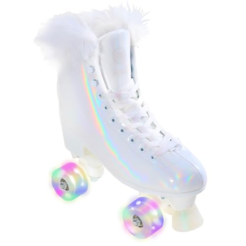 JajaHoho Roller Skates for Women, Holographic High Top PU Leather Rollerskates, Shiny Double-Row Four Giltter Light up Wheels Quad Skates for Girls and Age 8-50 Indoor Outdoor (White Swan, Size 6)