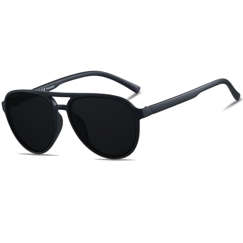 ANDWOOD Retro Polarized Aviator Sunglasses for Women Men Classic 70s Vintage Trendy Square Aviators Super Dark Black Lens Sensitive Eyes