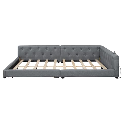 Gegtuon Schlafsofa Doppelbett Polsterbett 140x200 mit LED-Licht, USB-Bett Sofabett mit Kopfteil und Armlehnen, Tagesbett Jugendbett Bettgestell mit Lattenrost, ohne Matratze, Leinen, Grau