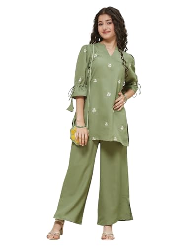 Image of Girls Floral Embroidered Kurta and Palazzo Pants Co-ord Set with V Neck Elegant Traditional Outfit for Festive and Functions