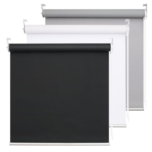 DHSVFCR 100% Blackout Roller Blind UV Blocking Thermal Insulated Fabric Child Safe Easy to Install and Use Fit Bathroom Kitchen Bedroom Home Office Window Cord Control Black 20W x 185H cm