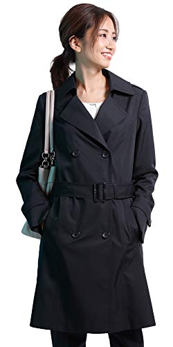 レディース トレンチコート トレンチ 撥水 UVカット アウター コート 長袖 無地 (7号, ネイビー)