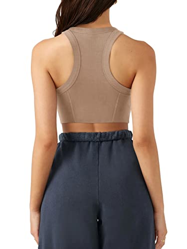 Laslulu Womens Sports Bra Crop Tops High Neck Workout Shirts Medium Support Yoga Athletic Running Sport Tops Summer Casual Going Out Tops With Removable Cups(Khaki Small) #TOP2