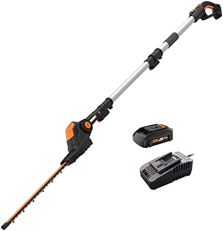 WORX WG252 20" 20V Cordless Hedge Trimmer, Pole Hedge Trimmer Reaches up to 12 Feet with Extended Pole, Electric Bush Trimmer with 180° Rotation Head, Battery & Charger Included