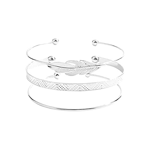 3 Piece Silver Stacking Bangle Bracelet Set with Feather Design Cuff, Etched Thick Cuff & Plain Torque Cuff. Jewellery Gift for Her Presented in a Gift Box Cover