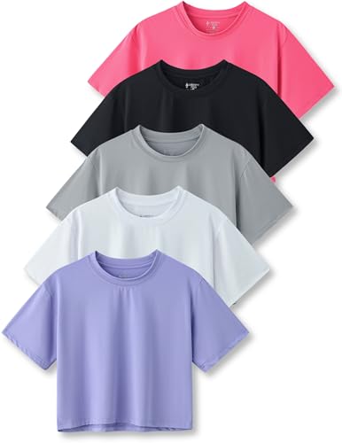 5 Pack: Women's Workout Crop Tops, Athletic Short Sleeve Gym Shir...