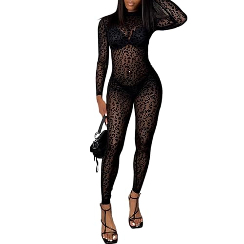 hibshaby Sexy One Piece Outfits for Women,Mesh Sheer Leopard Jumpsuit Streetwear Large