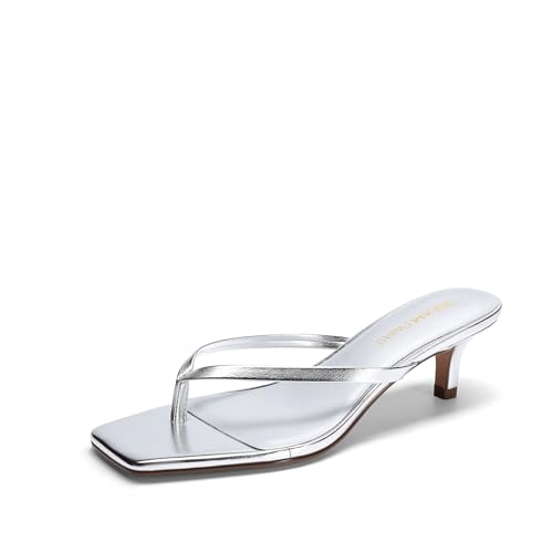 DREAM PAIRS Kitten Heels for Women Flip Flop Low Heels Square Open Toe Sandals Thong 1.96 Inch Heeled Sandals for Summer Vocation,Size 7.5,Silver,SDHS25001W