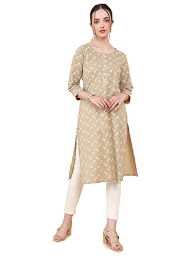 Image of Soch Women Beige Cotton Round Neck Printed Kurta