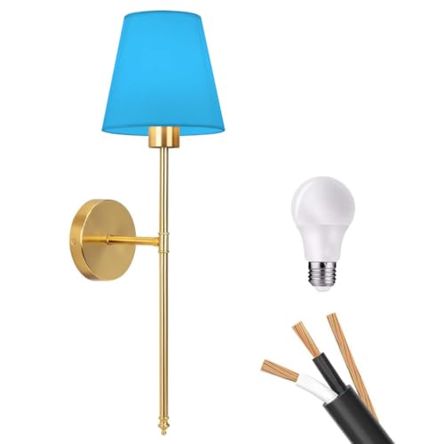 Image of Wall Sconces,Classic Brushed Brass Sconces Wall Lighting, Hardwired Bathroom Vanity Light Fixture with Fabric Shade for Bedroom Living Room Hallway Kitchen (Bulbs Included) (Blue Light)