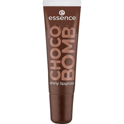 essence CHOCO BOMB shiny lipgloss 01 Chocoholic!, brillo de labios, aroma a chocolate, tono marrón con destellos dorados, no pegajoso, 10ml