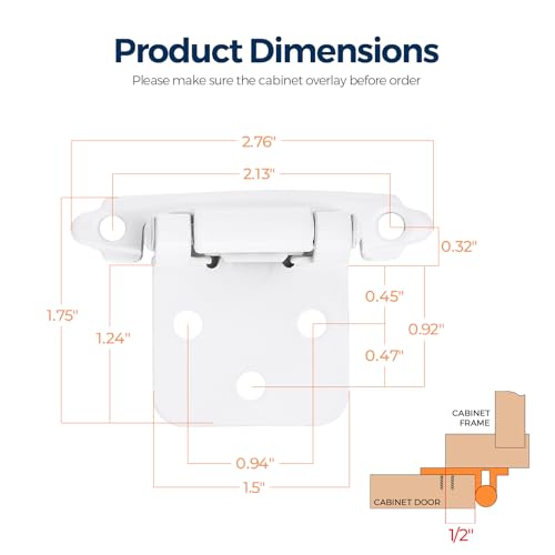 Image of Ravinte 60 Pack (30 Pairs) 1 /2 inch Overlay Cabinet Hinges, Self-Closing Semi-Concealed Face Mount, White Decorative Hardware with Door Bumpers for Kitchen & Cupboard Doors