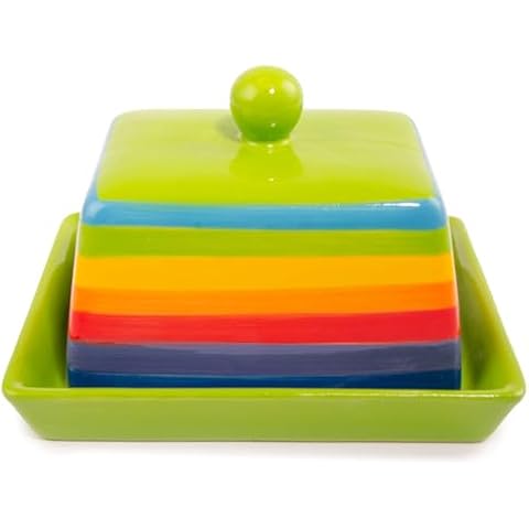 Hand Painted Rainbow Stripe Green Ceramic Butter Dish Cover