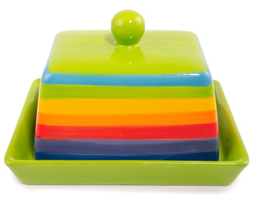 Hand Painted Rainbow Stripe Green Ceramic Butter Dish with Lid