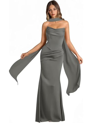 Satin Strapless Bridesmaid Dresses Long for Women Mermaid Pleated Formal Evening Gowns with Scarf