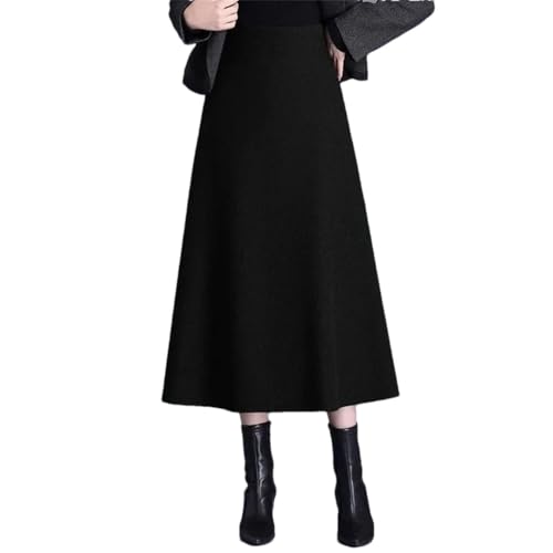 Women's Winter Solid Color Thick Woolen High Waist Long Straight Patchwork A- Line Skirt