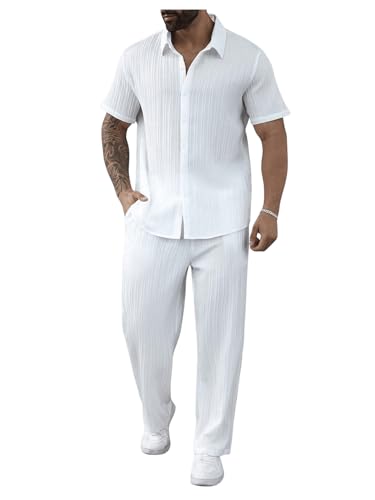 Men's 2 Piece Outfits Big and Tall Short Sleeve Button Down Shirt and Casual Loose Pant Sets