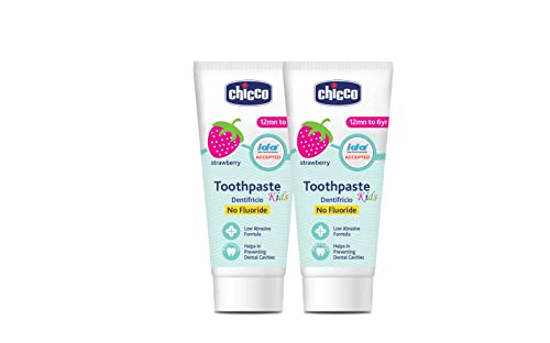 Image of Chicco Toothpaste for Kids, Best for Baby (1y-6y), Strawberry Flavour, 50g (Pack of 12) | Fluoride-Free & Low Abrasive | Removes Plaque, Helps Prevent Cavities | IDA Accepted