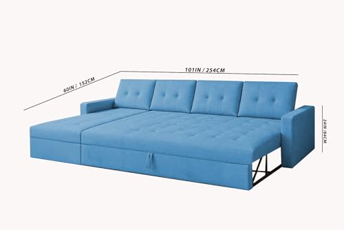 Image of Emilio 6 Seater LHS L - Shape Pull-Out Sofa Cum Bed Sofa for Living Room (Turquise Fabric Color) Premium Fabric Sofa Set for Living Room Sofa Cum Bed