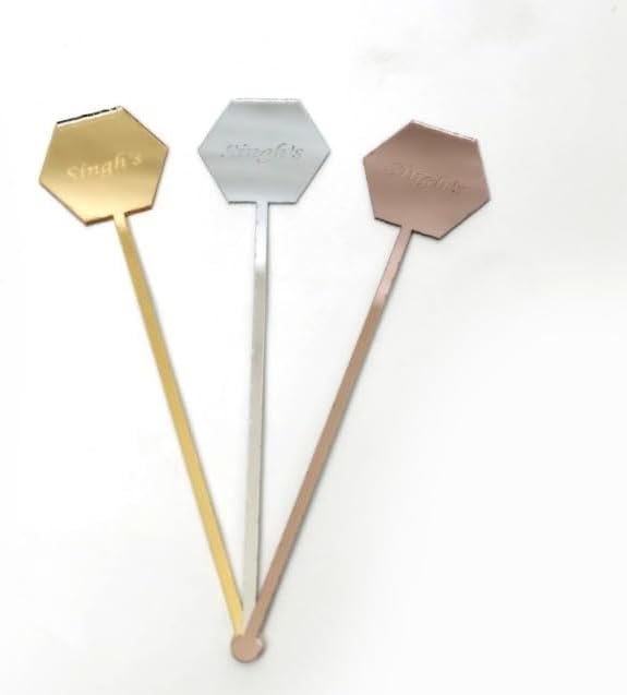 Premium Custom Engraved Acrylic Drink Stirrers – Personalized Cocktail Stir Sticks for Weddings, Engagements, Square, and Arch Designs (Hexagonal)