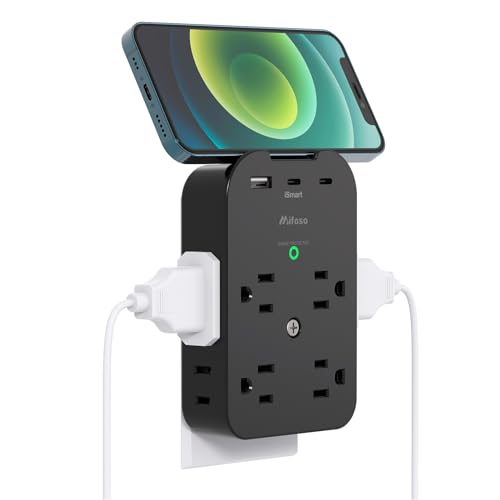 Outlet Extender - Wall Surge Protector with 8 Outlets 2 USB C 1 USB A, Wall Mount Adapter with Top Phone Holder for Home, School, Office 1800 Joules, Black
