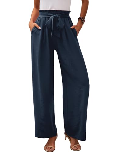 Women's Wide Leg Palazzo Pants Casual High Waist Adjustable Tie Knot Lounge Pants Pockets Loose Beach Trousers2