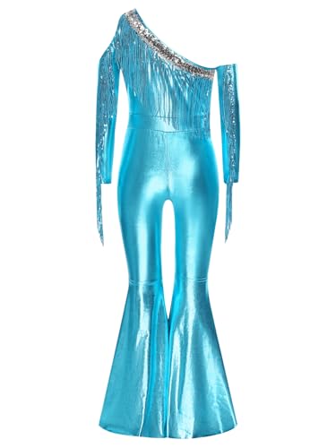 Salopetes metálicos brillantes con flecos azul claro para danza infantil 5