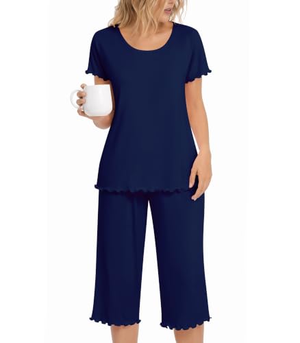 Image of NACHILA Women's Bamboo Viscose Pajama Sets Summer Cooling Short Sleeve Capri Soft Pjs Night Sweats Moisture Wicking Sleepwear