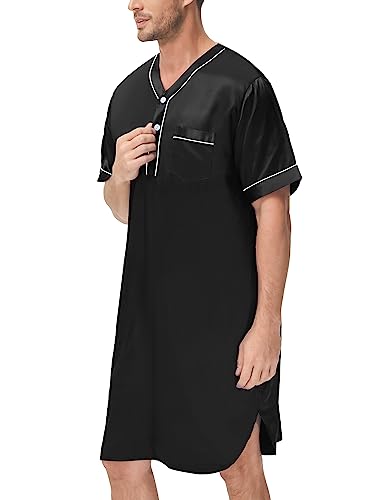 SWOMOG Mens Silk Satin Nightshirt Short Sleeve Loose Henley Sleep Shirt Comfy Nightgown Big & Tall Men Sleepwear3