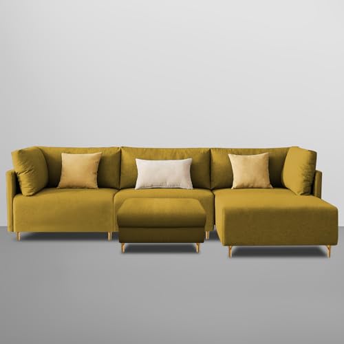 Image of Carina RHS 4 Seater L Shape Sofa Set with Center Table for Living Room (Yellow Fabric) Premium Fabric Sofa