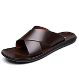Battle Men Fashion X Band Slipper for Men Solid Color Genuine Leather Open Toe Casual Slip On Beach...