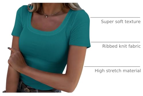 Image of Roselux Women's Summer Scoop Neck Short Sleeve T-Shirts Ribbed Knit Slim Fitted Casual Basic Top