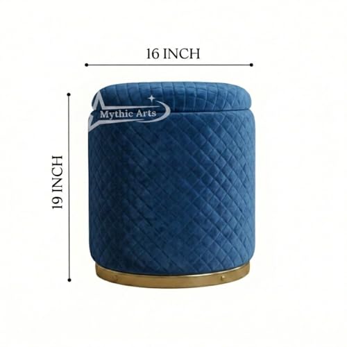 Image of Premium Round Storage Ottoman Stool 16 X 16X 19 inch, with Gold Metal Base | Luxury Pouffe with Hidden Storage | Cushioned Footrest for Living Room, Bedroom & Lounge Blue