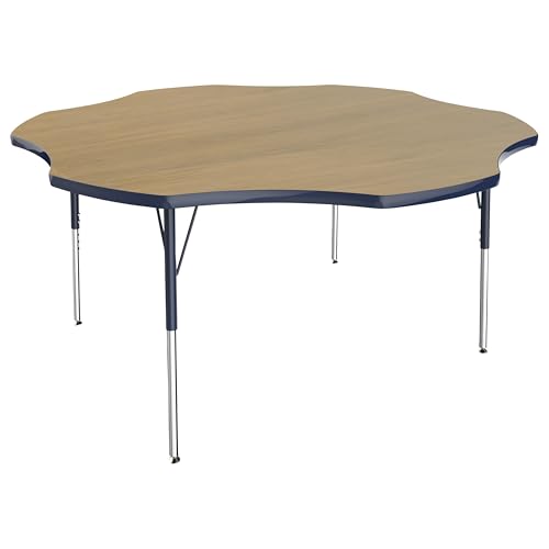 Image of FDP Flower (60 x 60 inch) Collaborative Classroom Table with Adjustable Standard Swivel Glide Legs (19-30 in); School and Office Furniture - Pasadena Oak Top /Navy Edge and Legs