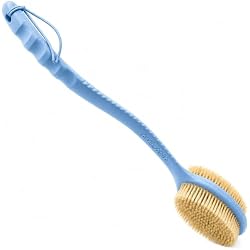 Avilana Long Handle Body Brush for Shower, 19 Inch Curved Back Scrubber with Soft & Stiff Bristles, Exfoliating Body Brush for Back, Legs & Feet, Non-Slip Silicone Handle, Replaceable Head System