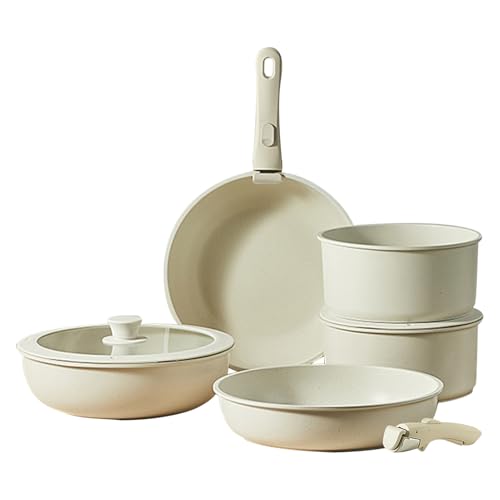 Cookware Set - Pots and Pans Set - 9Pc's Rv Cookware Set | Lightweight Nonstick Stone Cookware with Removable Handles Easy to Clean Stylish Cream Finish for RV Camping Caravan or Small Home
