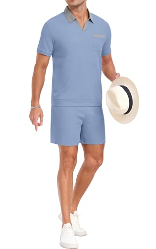 PrinStory Men's Summer Track Suits Waffle Knit Polo Shirt and Shorts Set Casual 2 Pieces Outfits with Pockets Blue-2XL — view 2