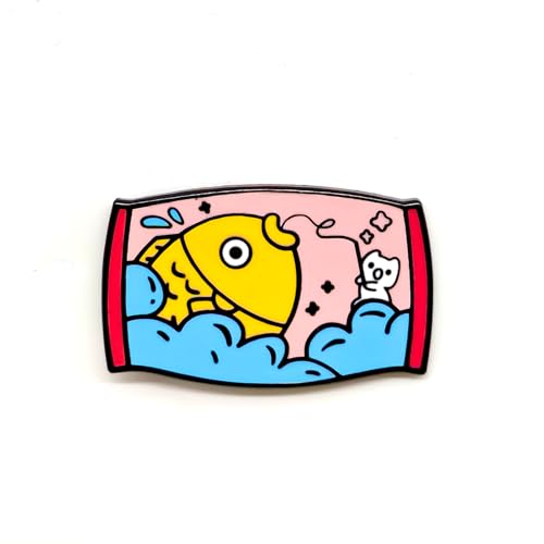 Image of Cute Kitten Catches A Big Fish Pin - Fun Series | Premium Enamel Pin - Statement Lapel Pin - Plated Badge for Clothing, Bags, Hats, Jackets, and Lanyards