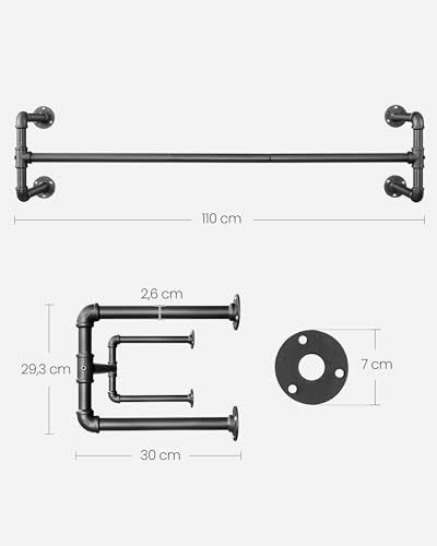 SONGMICS Kleiderständer für die Wand, Kleiderstange im Industrie-Design, 2er Set, Wandmontage, bis 60 kg belastbar, 30 x 112 x 29,3 cm, einfache Montage, schwarz HSR64BK-02