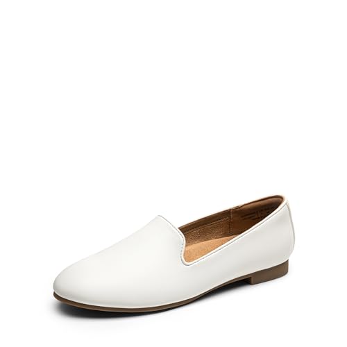 DREAM PAIRS Round Toe Flats for Women Dressy Comfortable, Slip-On Dress Business Casual Office Work Shoes for Women 8 White-pu